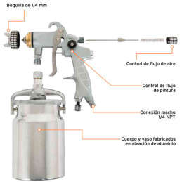  Pistolas de Pinturas Succion 1000ml HVLP T1.4mm 3Control A24-28cm Automotriz Pro, PIPI-340X 14030 Truper 209.322034 Pistolas de