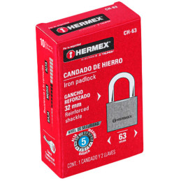  Candados 63mm S5 Hierro Hermex 43801 13.389831 Candados 63mm S5 Hierro Hermex 43801
Cuerpo de hierro en una sola pieza y gancho
