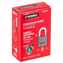  Candados 45mm S4 Hierro Hermex 43316 8.220339 Candados 45mm S4 Hierro Hermex 43316
Cuerpo de hierro en una sola pieza y gancho 