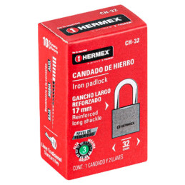  Candados 32mm S3 Hierro Hermex 43791 4.745763 Candados 32mm S3 Hierro Hermex 43791
Cuerpo de hierro en una sola pieza y gancho 
