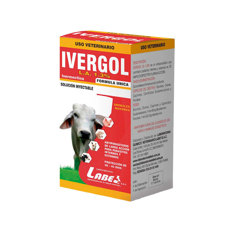  Ivergol LA 1.3% 100ml Ivermectina Antiparasitario Amplio Espectro Inyectable, Labet 45 Ivergol LA 1.3% 100ml Ivermectina Antipa