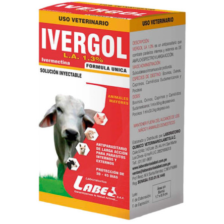  Ivergol LA 1.3% 100ml Ivermectina Antiparasitario Amplio Espectro Inyectable, Labet 45 Ivergol LA 1.3% 100ml Ivermectina Antipa