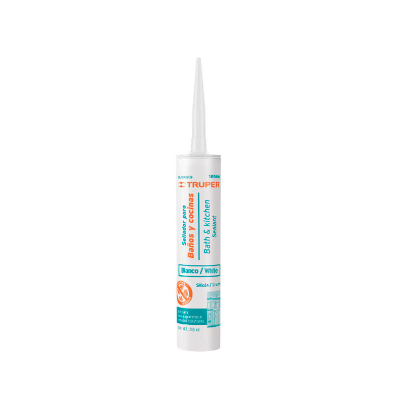  Silicona para Baños y cocinas 280ml Blanco, Sellado duradero para superficies lisas, SIL-100BCB 18566 Truper 11.694915 Silicona