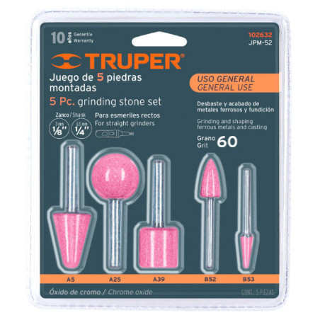 Juegos de 5 piedras montadas zanco 1/4" y 1/8" UsoGeneral Truper 102632 8.728814 Juegos de 5 piedras montadas zanco 1/4" y 1/8"