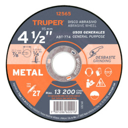  Discos Desbaste 4 1/2" x6.4mm Metal Tipo 27, Centro 7/8", Oxido de Aluminio, ABT-774 12565 Truper 3.559322 Discos Desbaste 4 1/