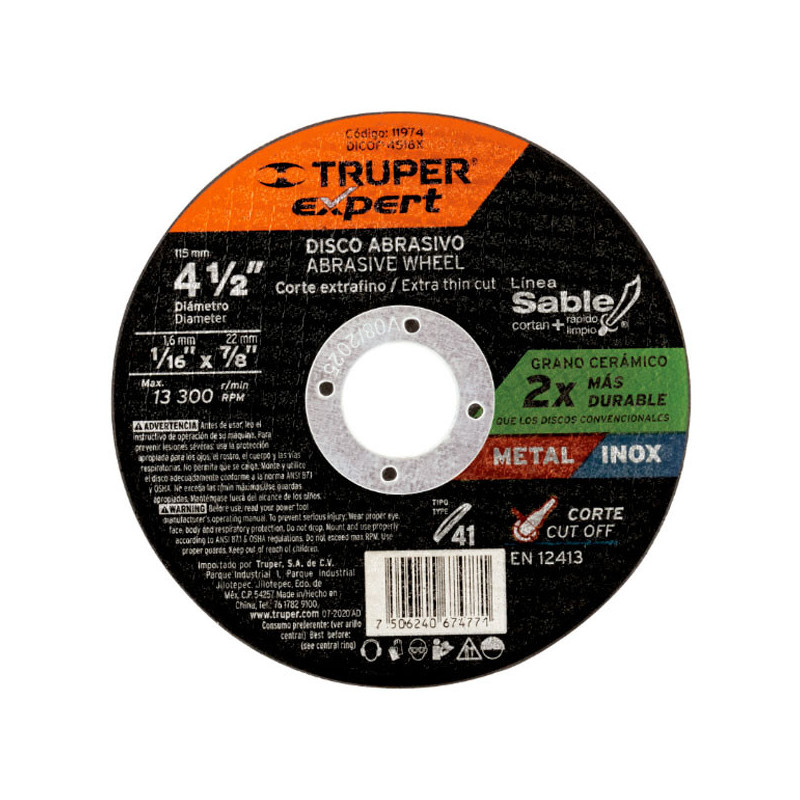  Discos de Corte Metal 4-1/2" x1.6mm OAluminio Inox D7/8 T41, Truper 11974 2.711864 Discos de Corte Metal 4-1/2" x1.6mm OAlumini