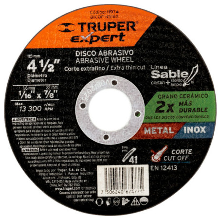  Discos de Corte Metal 4-1/2" x1.6mm OAluminio Inox D7/8 T41, Truper 11974 2.711864 Discos de Corte Metal 4-1/2" x1.6mm OAlumini