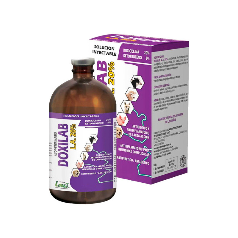  Doxilab LA 20% 20ml Doxiciclina hiclato Ketoprofeno Antibiotico Antiinflamatario Inyectable, Labet 15.254237 Doxilab LA 20% 20m