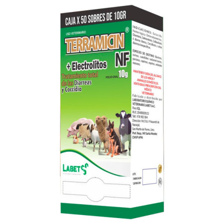  Terramicin NF 10gr Caja x 50Sobres Oxitetraciclina+ELECTROLITOS Antibiotico Antidiarrea Polvo Soluble, Labet 120 Terramicin NF 