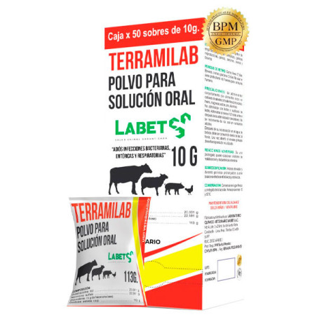  Terramilab 10gr Caja x 50Sobres Oxitetraciclina Neomicina sulfato Antibiotico Polvo Soluble, Labet 135 Terramilab 10gr Caja x 5