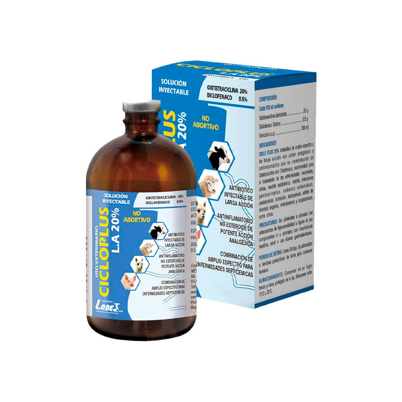  Cicloplus LA 20% 500ml Oxitetraciclina Diclofenaco Antibiotico Analgesico Antiinflamatorio Inyectable, Labet 124 Cicloplus LA 2
