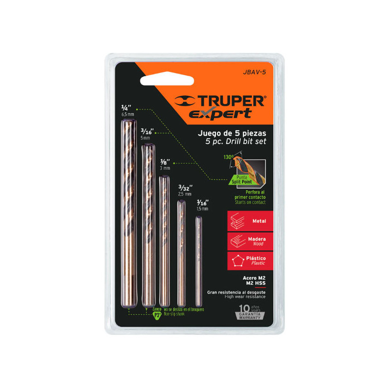  Juego de Brocas para metal 5 Piezas de Alta Velocidad Turbo Steel, JBAV-5 11394 Truper 11.864407 Juego de Brocas para metal 5 P