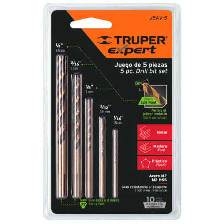  Juego de Brocas para metal 5 Piezas de Alta Velocidad Turbo Steel, JBAV-5 11394 Truper 11.864407 Juego de Brocas para metal 5 P
