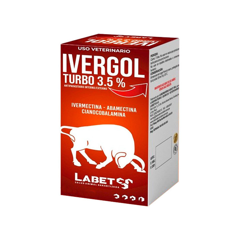  Ivergol Turbo 3.5% 250ml Ivermectina Abamectina Cianocobalamina Antiparasitario Inyectable, Labet 80.508475 Ivergol Turbo 3.5% 