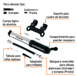  Infladores Mini para Bicicleta 75 PSI abatible Aluminio, Truper 11997 17.79661 Infladores Mini para Bicicleta 75 PSI abatible A