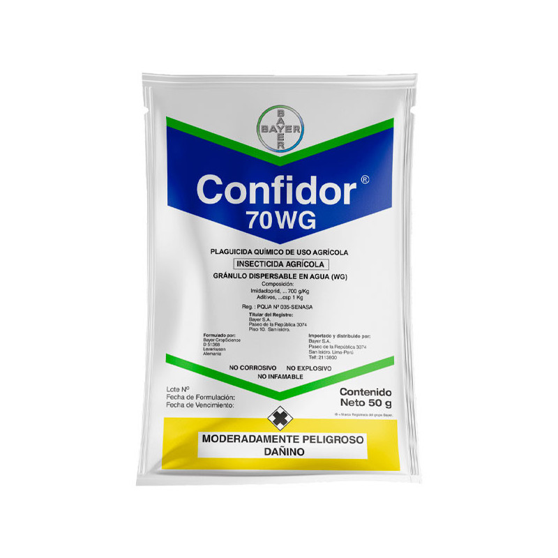 Confidor 70WG 50gr Pack x 5 Sobres Imidacloprid Insecticida Agricola Sistemico Accion Contacto Ingestion Bayer 134.745763 Confi  Confidor 70WG 50gr Pack x 5 Sobres Imidacloprid Insecticida Agricola Sistemico Accion Contacto Ingestion Bayer 134.745763 Confi