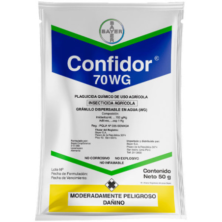  Confidor 70WG 50gr Pack x 5 Sobres Imidacloprid Insecticida Agricola Sistemico Accion Contacto Ingestion Bayer 134.745763 Confi