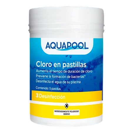  Cloro en Pastilla 1Kg Pote x 5Tab. Desinfectante Soluble Para Piscina Tratamiento de Agua, Aquapool 27.966102 Cloro en Pastilla