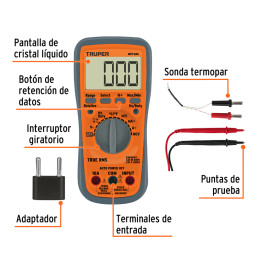  Multitester Digital MUT-60A True RMS 10A APO diodo continuidad y transistor 9V, Truper 100362 131 Multitester Digital MUT-60A T