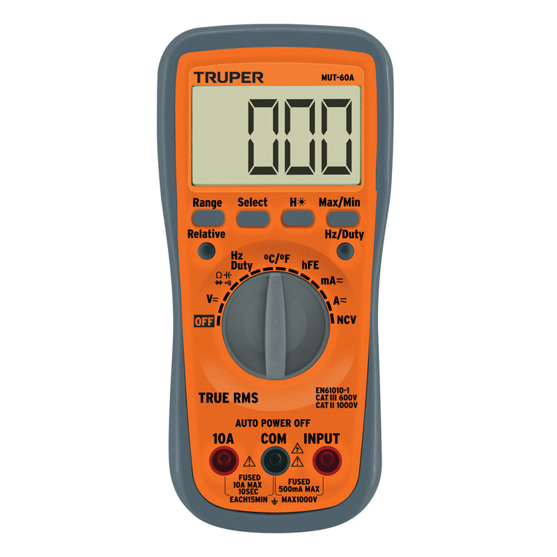  Multitester Digital MUT-60A True RMS 10A APO diodo continuidad y transistor 9V, Truper 100362 131 Multitester Digital MUT-60A T