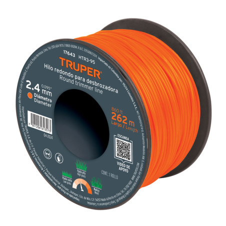 Hilo Redondo para desbrozadora 2.4mm x262M Carrete, HTR3-95 17643 Truper Truper-Hilo Redondo para desbrozadora 2.4mm x262M Carre