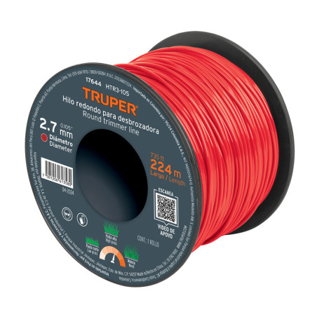 Hilo Redondo para desbrozadora 2.7mm x224M Carrete, HTR3-105 17644 Truper Truper-Hilo Redondo para desbrozadora 2.7mm x224M Carr