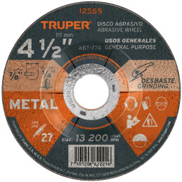 Discos Desbaste 4 1/2" x6.4mm Metal Tipo 27, Centro 7/8", Oxido de Aluminio, ABT-774 12565 Truper 4.2 Discos Desbaste 4 1/2" x6