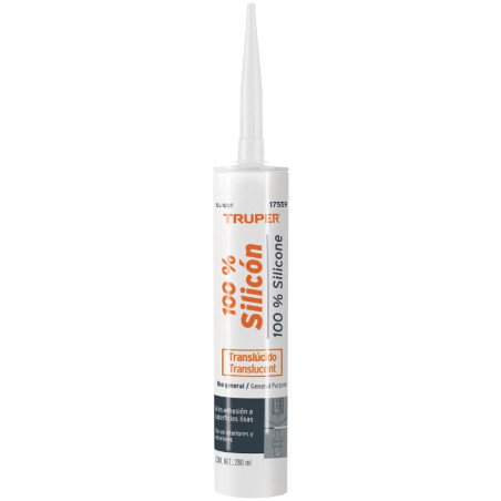 Silicona al 100%, 280ml Traslucido, Interior y exterior, para vidrios aluminio ceramica etc, SIL-100T 17559 Truper Truper-Silico