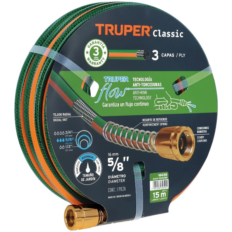 Mangueras 5/8" x15m 3capas Reforzada ConexionesMetalicas Truper 16036