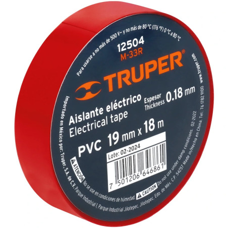 Cinta Aislantes 19mm x18m Rojo Acrilico E0.18mm Flexible Encogible Truper 12504