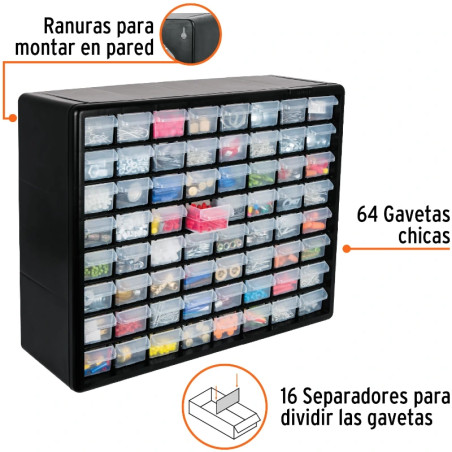 Organizador 20" con 64 Gavetas 51x40x16cm Compartimientos ABS, Truper 10895