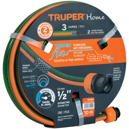 Manguera Reforzada 10M 3Capas 1/2" E1.7mm con Conector, Truper 16050