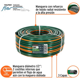 Manguera Reforzadas 3 CAPAS 5/8" Espesor 2.1mm, Pres Max Reventar 213PSI, 100 Metros 17Kg, MAN-5/8R 19858 Truper