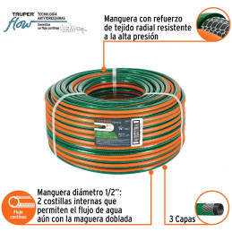 Manguera Reforzadas 3 CAPAS 1/2" Espesor 1.7mm, Pres Max Reventar 227PSI, 100 Metros 12Kg, MAN-1/2R 19857 Truper