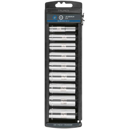 Juego de dados 9 Piezas tubulares Milimetrico 10 mm a 19 mm, encastre 3/8", estuche de Plastico, JD-3/8X9LM 14173 Truper