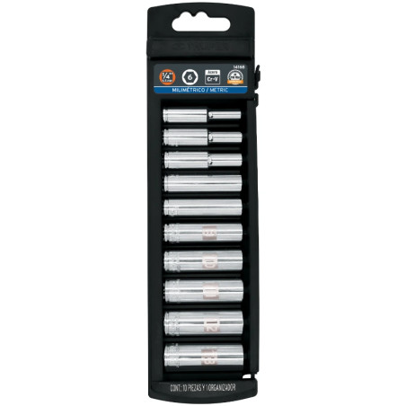 Juego de dados 10 Piezas Tubulares Milimetrico 4 mm a 13 mm, Encastre 1/4", acero al cromo vanadio, JD-1/410LM 14168 Truper
