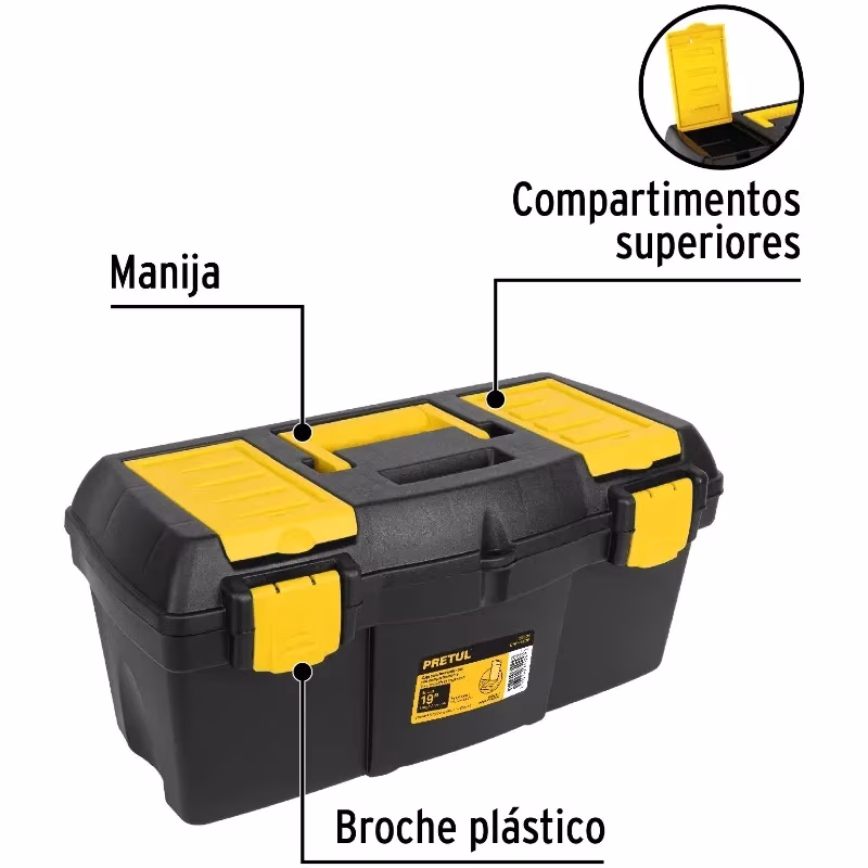 Caja para Herramientas Plastica Largo 19", Ancho 8 5/8", Alto 8 1/2", Peso 1.3kg, CHP-19CP 20604 Pretul