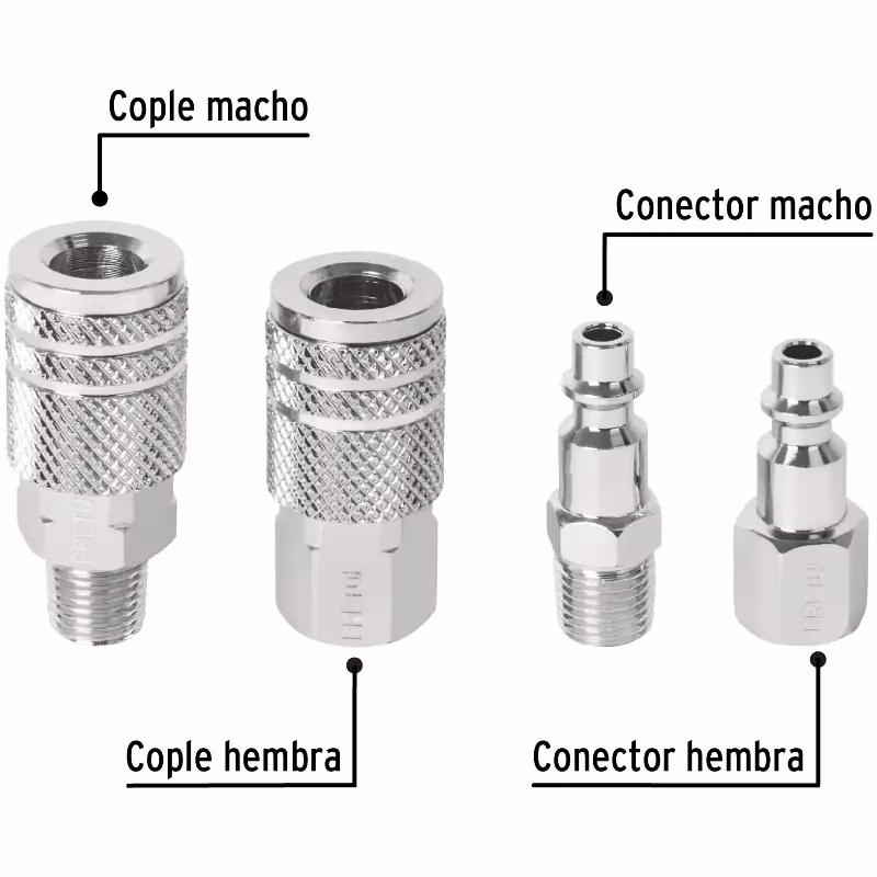 Juego de Acoples y Conectores de Acero Cromado 4 Piezas, Cuerda 1/4 NPT, CORAL-4P 27020 Pretul