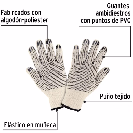 Guantes de Algodón Unitalla con puntos de PVC en palma y dorso, puño tejido, GU-PU-P 21830 Pretul