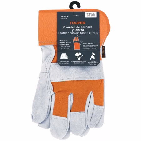 Guantes de Carnaza Talla G Loneta puño de Seguridad, uso general, GUX-BOVA 15245 Truper