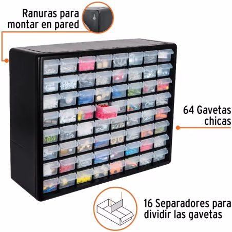 Organizador 20" con 64 Gavetas 51x40x16cm Compartimientos ABS, Truper 10895