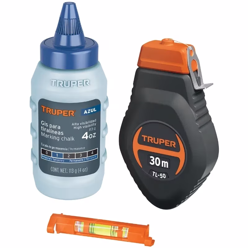 Tiralinea Plastico 30m, con repuesto y nivel, bobinado rapido, Incluye Bote de Gis, TL-50 18574 Truper