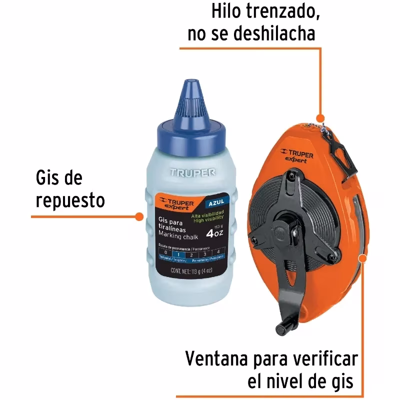 Tiralinea metalico uso pesado 30m, con repuesto, bobinado rapido, Incluye Bote de Gis, TL-100X 18579 Truper