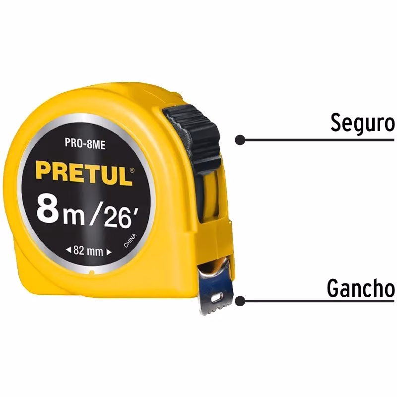 Wincha Flexometro Amarillo 8 Metros, carcasa ABS, PRO-8MEB 21603 Pretul
