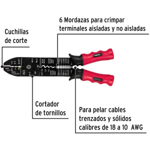 Alicate Pela Cable 9" Pulgadas, 10 a 18 AWG y 10 Mordazas para Crimpar PE-CA-9P 22710 Pretul