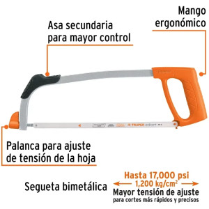 Arco de Sierra Profesional Tubular de acero 12" Mango ergonomico, Posiciones 90 y 180 Grados, ATT-12 10234 Truper