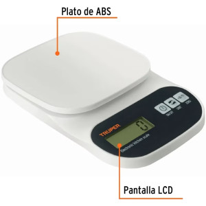 Balanza Digital 5kg Plato Polipropileno 2Medidas 2AA para Cocina, Truper 15161