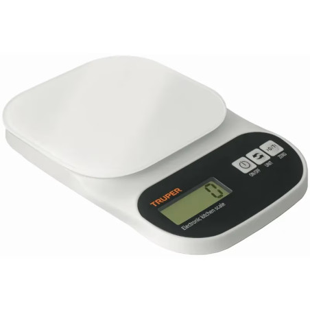 Balanza Digital 5kg Plato de vidrio 4Medidas ABS 2AAA para Cocina, Truper 15160