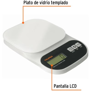 Balanza Digital 5kg Plato de vidrio 4Medidas ABS 2AAA para Cocina, Truper 15160