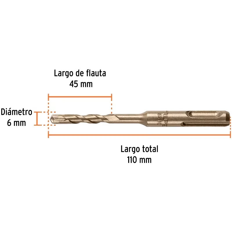 Brocas SDS Plus 6mm x110mm Carburo Tungsteno Concreto, Truper 101108